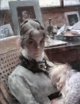 卡爾 拉爾森 A studio idyll. The artist's wife with daughter Suzanne 卡爾 拉爾森 A studio idyll. The artist's wife with daughter Suzanne